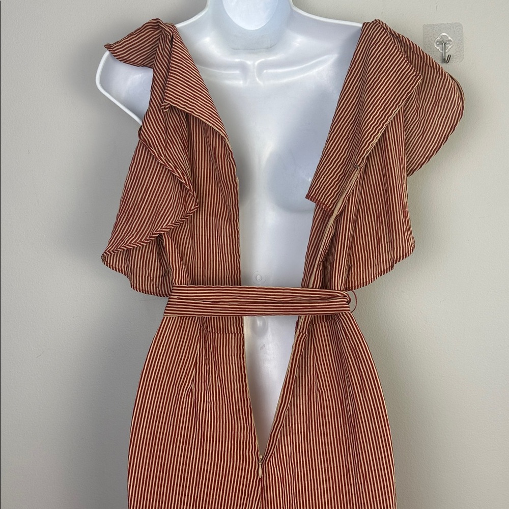Anthropologie Eva Franco Ruffle Striped Jumpsuit in Terracotta Small Pockets - Picture 14 of 16